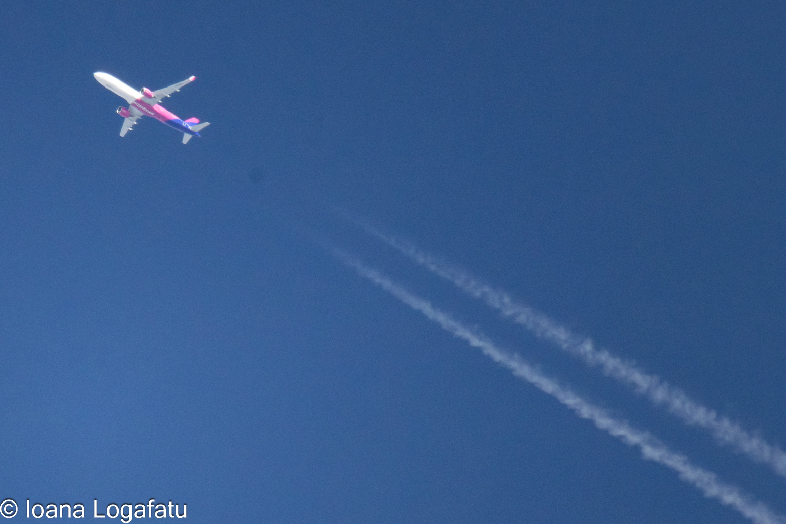 Jet soaring high above a clear blue sky